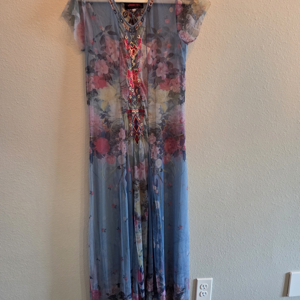 Johnny Was Blue and Pink Floral Maxi Dress